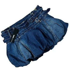 NWT Fashion Nova Bianca Bubble Denim Micro Mini Skirt Dark Wash Size Small